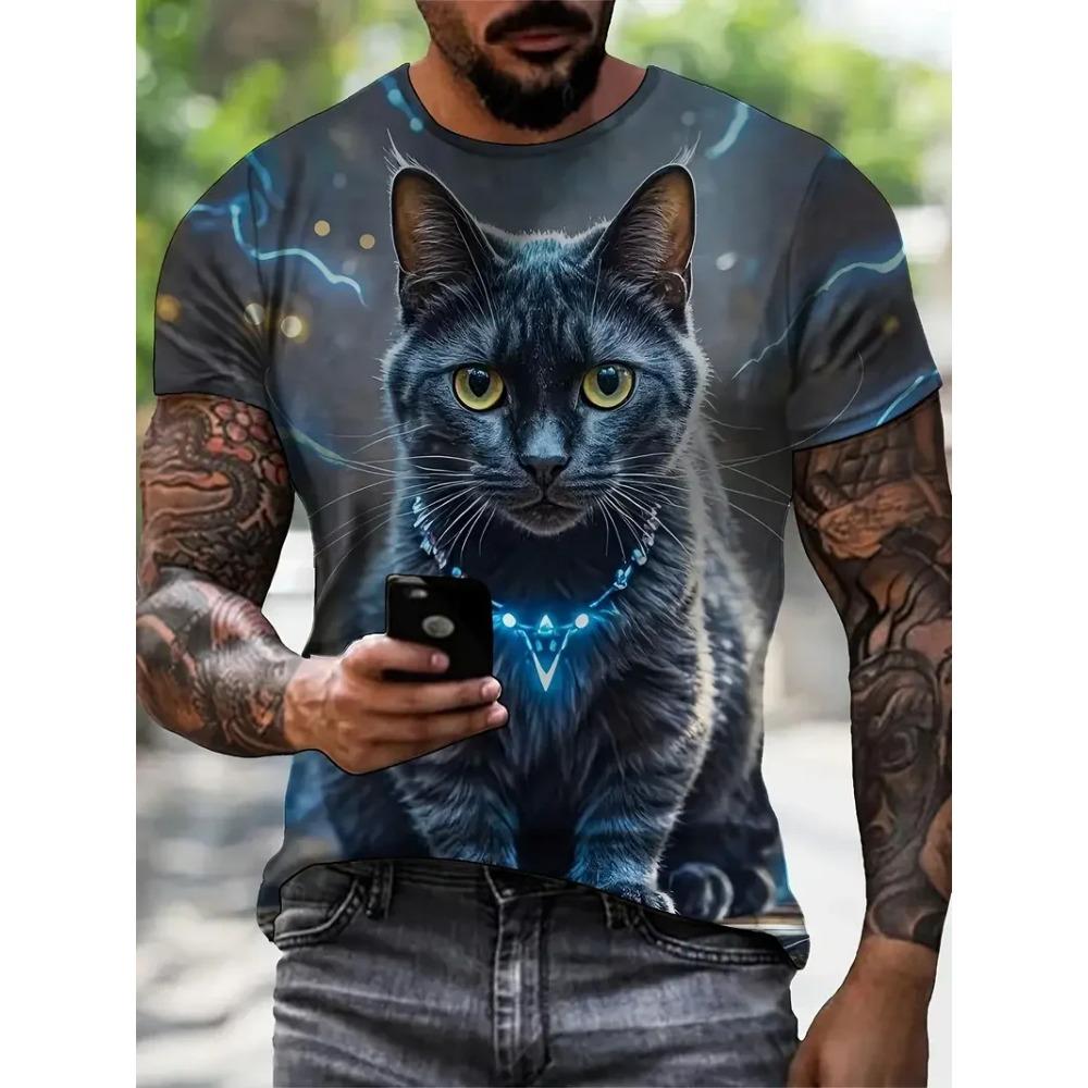 Summer Round Neck 3D Print Funny Cat Pattern Top Fashionable Casual Short Sleeved Men's T-shirts