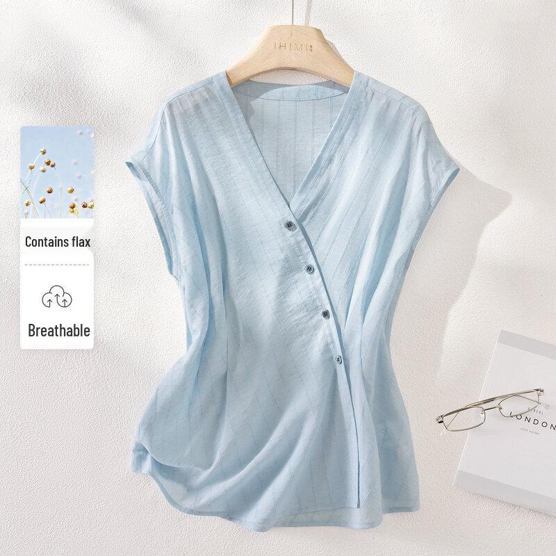 IHIMI Women s V-Neck Linen Texture Pleated Waist Shirt 2XL