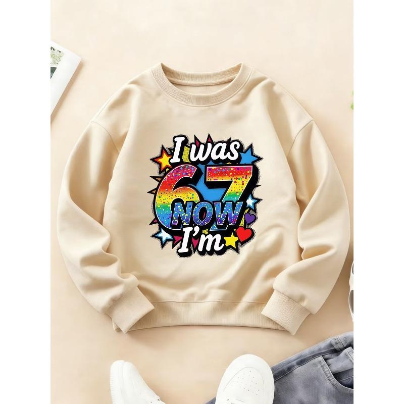 Kids Unisex Crewneck Sweatshirt, Rainbow Confetti Number 6 & 7 With Slogan "I was 6 NOW I'm" Star Heart Decor Print Soft Pullover For 7th Birthday