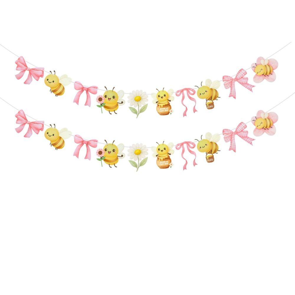 2-Layer Sweet as Can Bee Banner Pastel Watercolor Gender Reveal Bee and Daisy Garland with Bow Spring Party Decor