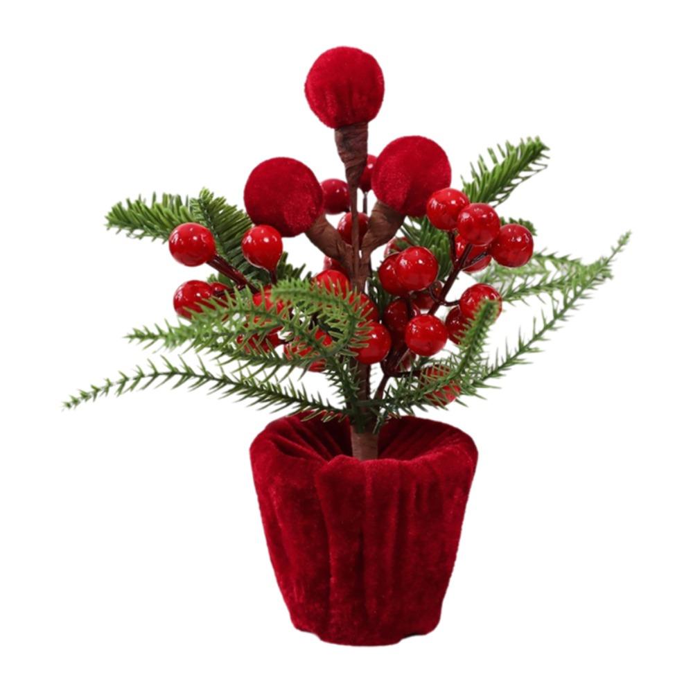 Artificial Pine Branches and Berries Red Christmas Ball Potted Plant Desktop