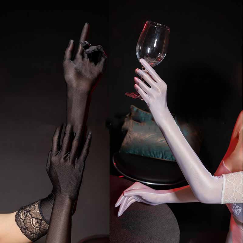 Women Glossy Lace Stockings Aurora Gloves Sexy Ultra-thin Transparent Elastic Finger Tight Mittens Party Fashion Long Gloves