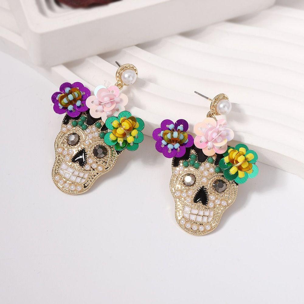 Rhinestone Vintage Earring Flower Glitter Skeleton Stud Earrings  Women