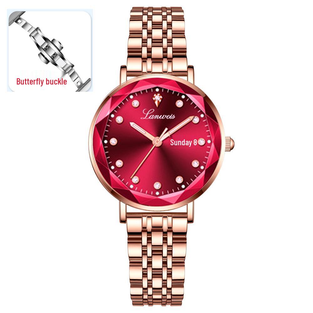 Origineel Dames Stalen Band Horloge met Vlinder Sluiting, Dubbele Datum, Lichtgevend, Waterdicht, Elegante Nieuwe Stijl.