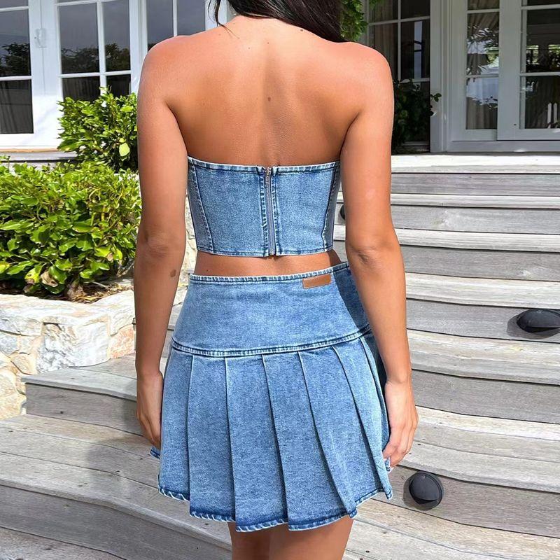 European and American Sexy Denim Navel Tube Top High Waist Skirt sets Cowboy Strapless Skirt Set