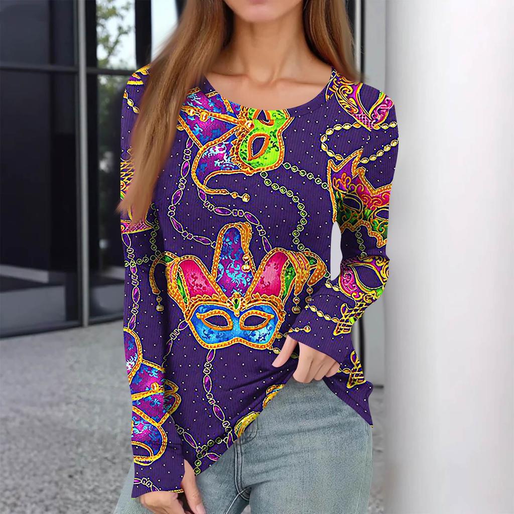 Women's Winter Slim Bottom T-shirt Fashion Casual  Printing Round Neck Pullover Long Sleeve Top