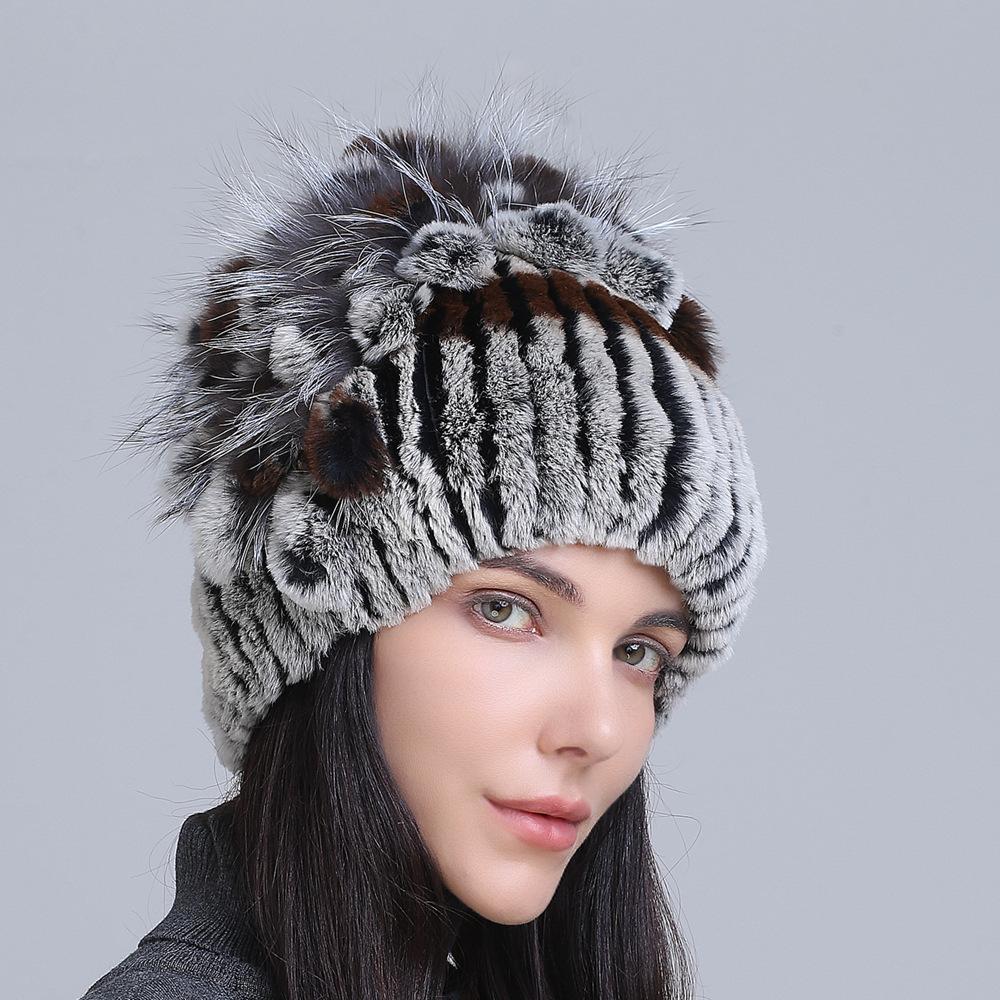 Winter Women's Warm Fashion Thick Wool Hat Rex Rabbit Fur Hat Knitted with Side Flower Hat