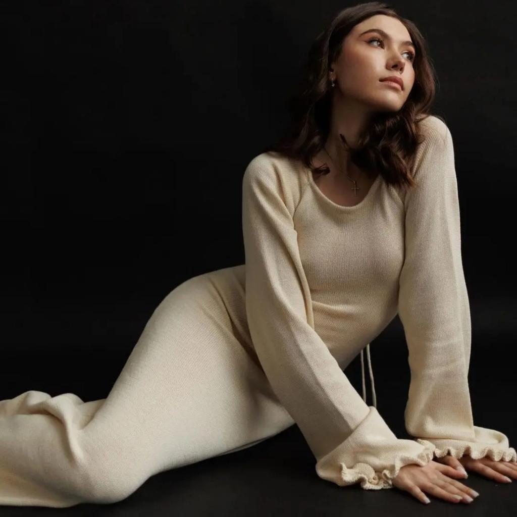 LYRIA Elegant Knitted Sweater Maxi Dress Outfits for Women Flare Sleeve Sexy Backless Dresses Edible Tree Fungus Clothes