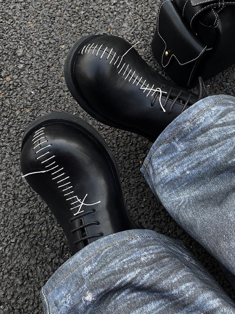 Fashion Handmade Casual Men Shoes Hand-stitched Design Derby Shoes Leather Thick Sole Big Round Toe Shoes