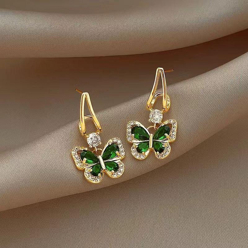 S925 Silver Pin Green Stone Zircon Butterfly Earrings for Women