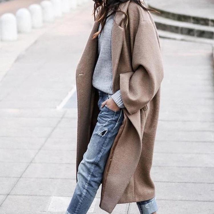 

Women Warm Woolen Overcoats Double Breasted Lapel Long Coats Loose Full Sleeve With Shoulder Pads Autumn Winter Outwears XXXL