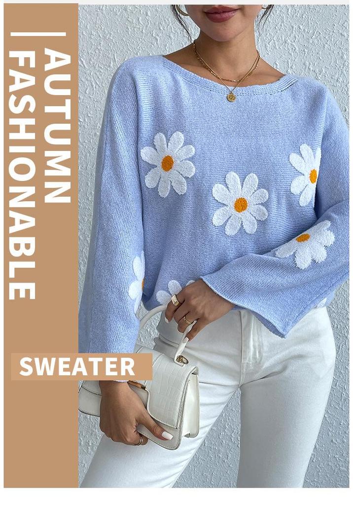Sweet Floral Embroidered One-Shoulder Knit Pullover Sweater - 2024 European & American Style