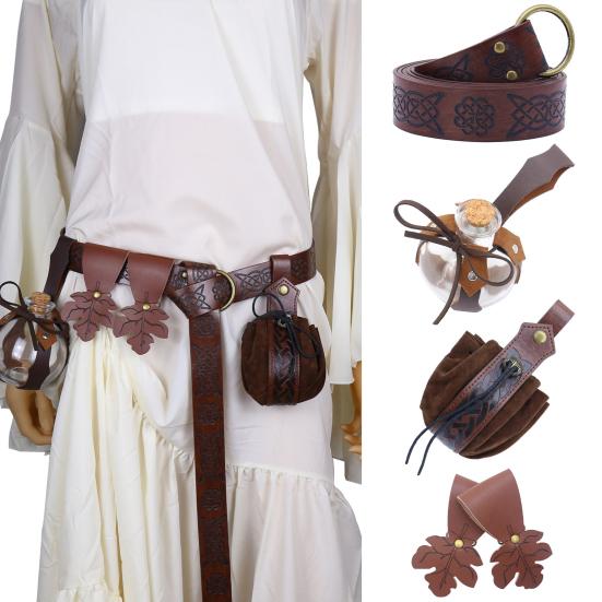 Renaissance Belt with Potion Bottles Adjustable Faux Leather Waist Bag Halloween Viking Costume Accessory