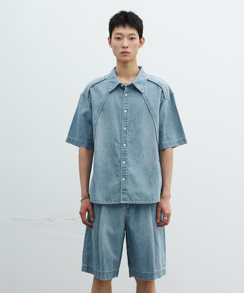 MINAV Single-Pleat Linen Bermuda Denim Pants [Light Blue]