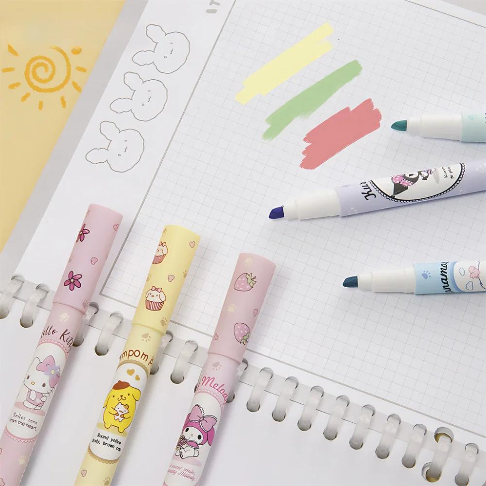 6Pcs/Box Highlighter Pen Set Kawaii Kuromi Melody Cinnamoroll Art Fluorescent Markers Pens School Stationery For Kids