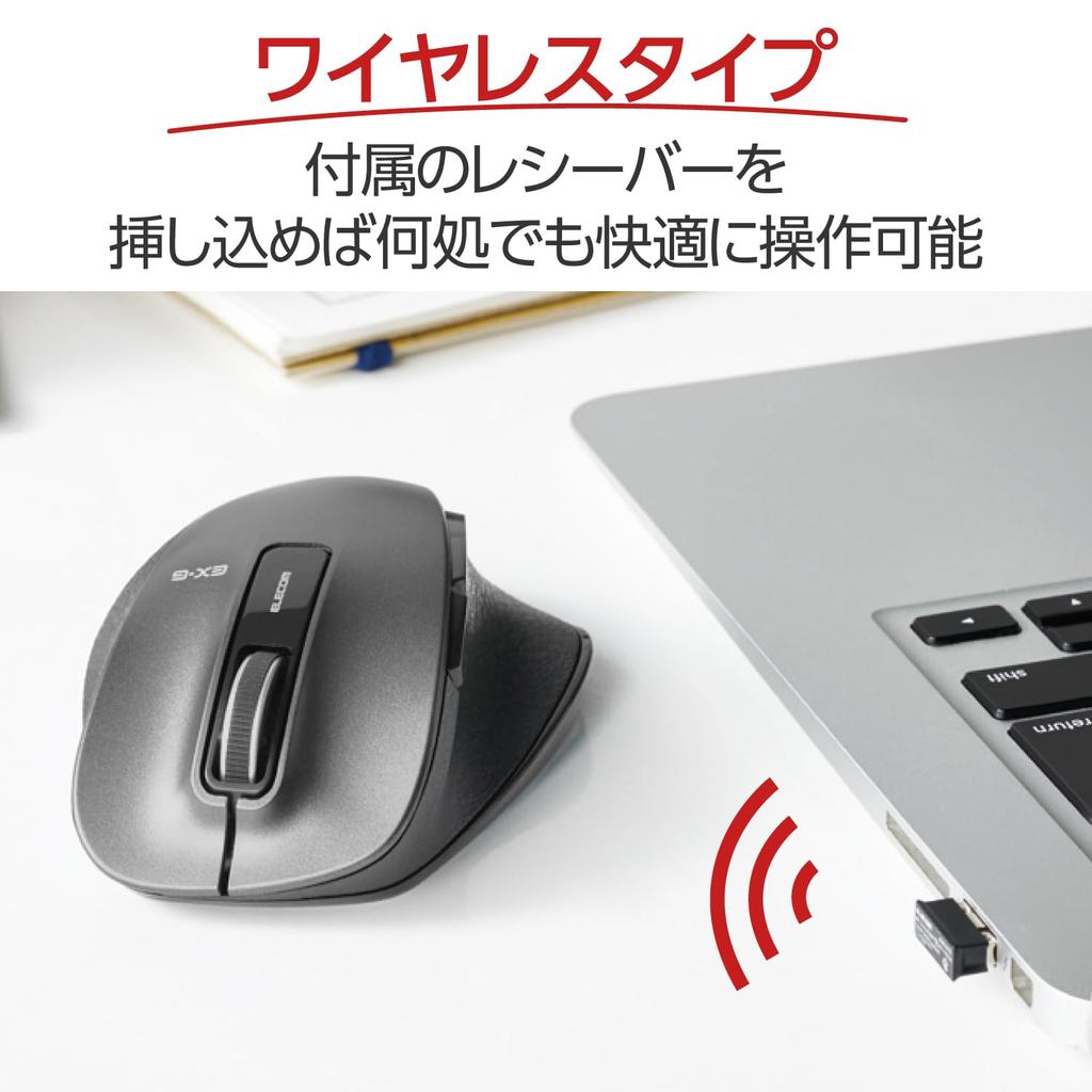 ELECOM Wireless Medium 5 Buttons Ultimate Grip Mouse, Size, (Back/Forward Buttons), BlueLED, Design, Gunmetal, M-XGM10DBBK/EC