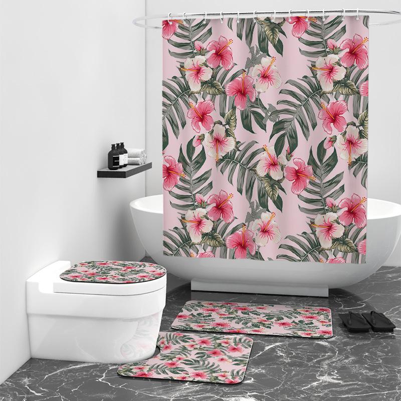 Pink Flower Digital Print Shower Curtain Shower Room Bath Partition Curtain Waterproof Cloth