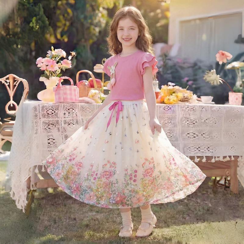Girls Floral Skirt & Short-Sleeve T-Shirt Set - 2026 New Summer Style 130 cm