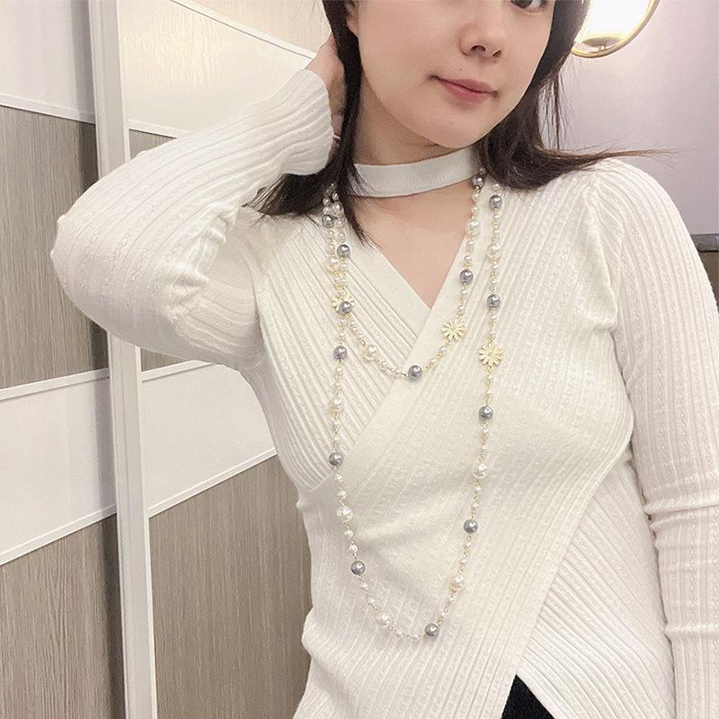 Pearl Necklace Long Fashion Versatile Small Fragrance Autumn and Winter Versatile Decorative Small Daisy Sunflower Sweater Chain