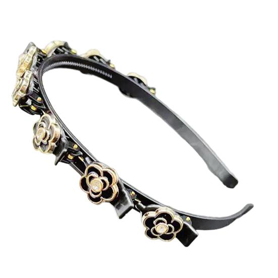 Women Headband Imitation Pearl Flower Decor Double Layer Hair Hoop Stable Non-Slip Hair Braiding Tool