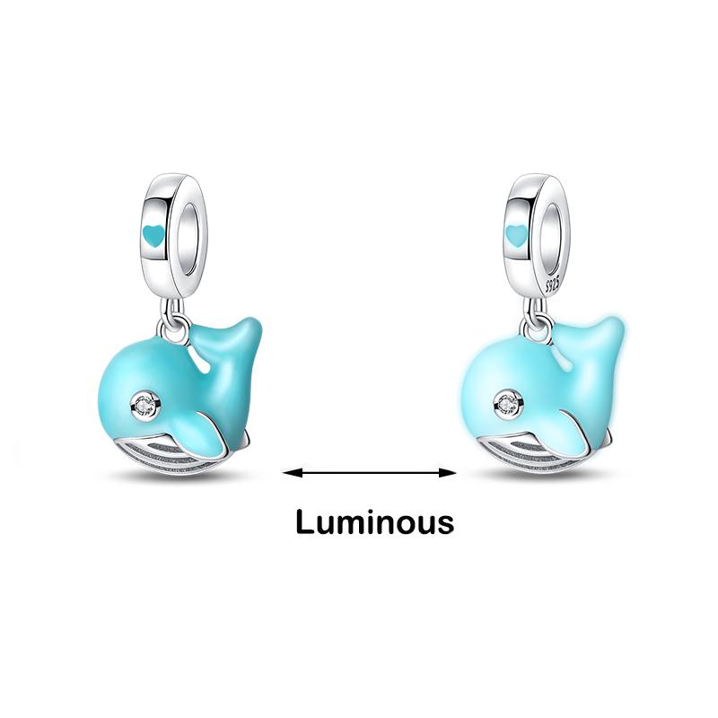Abalorios luminosos de plata de ley 925 auténtica con forma de ballena, pulpo, concha marina, color azul, aptos para pulseras originales 925, joyería fina DIY