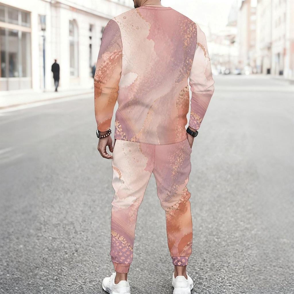 Men Plus Size Pink Printed Round Neck Long Sleeve Top Cuffed Pants Two Piece Set