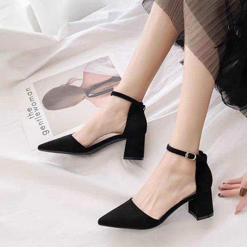 Baotou sandals fairy style 2025 spring new professional pointed high heels one word with thick heel medium heel single shoes