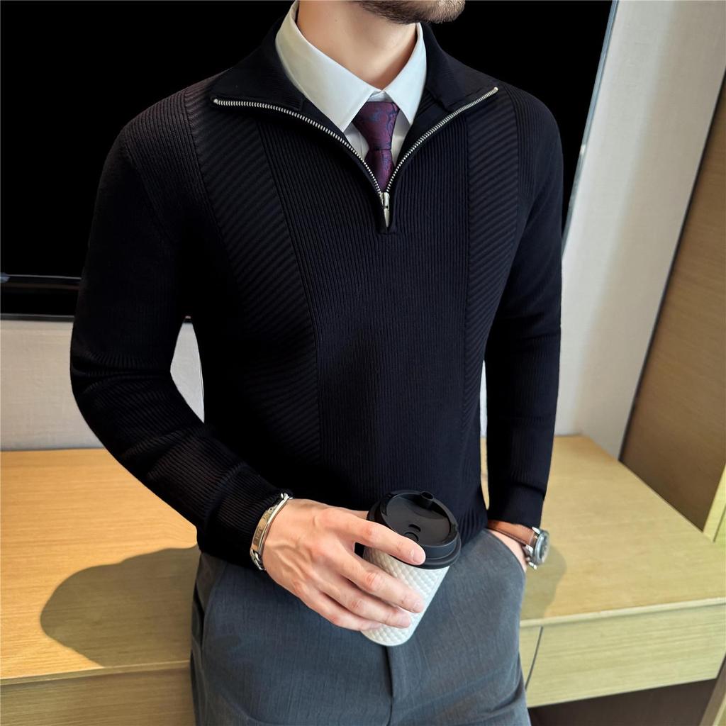 Men's Striped Knitwear Long Sleeve Half-Zip Sweater - White Warm Autumn/Winter Collection