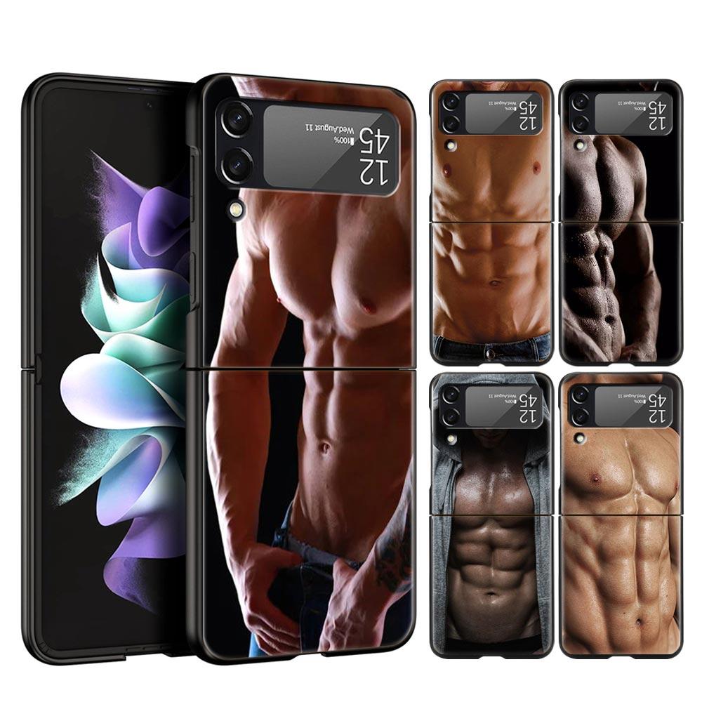 Hard PC Phone Case For Samsung Galaxy Z Flip 7 6 5 4 Black Cover For Galaxy Z Flip 3 Foldable Shockproof Male Abdominal Muscle