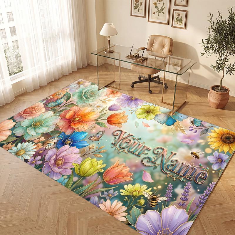 Floral Garden Theme Soft Crystal Velvet Rug Custom Name & Text Print Non Slip Floor Rug for Bedroom Living Room