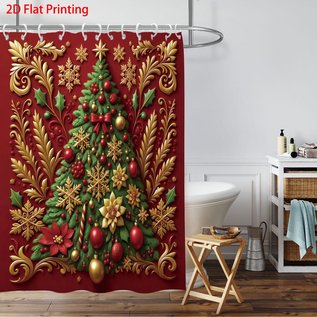 1pc red Christmas tree print waterproof shower curtain partition privacy hanging curtain, with 12 hooks, easy to install