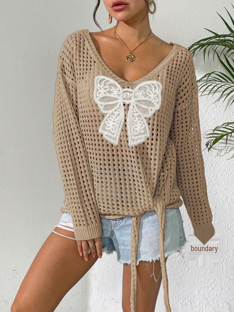 Women's Loose-Fit Knitted Sweater with Butterfly Tie-Up and Hollow-Out Sleeves