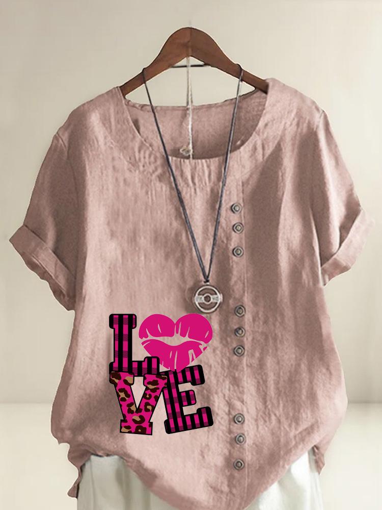 Women's Fashion Love Letters Print Shot Sleeve T-shirt Loose Cotton Shirt Casual Loose Summer Blouse Tops Plus Size