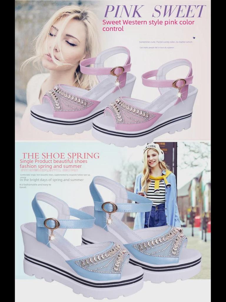 Damen-Sandalen mit Keilabsatz und Strasssteinen sowie Schnallendesign für den Sommer 2021