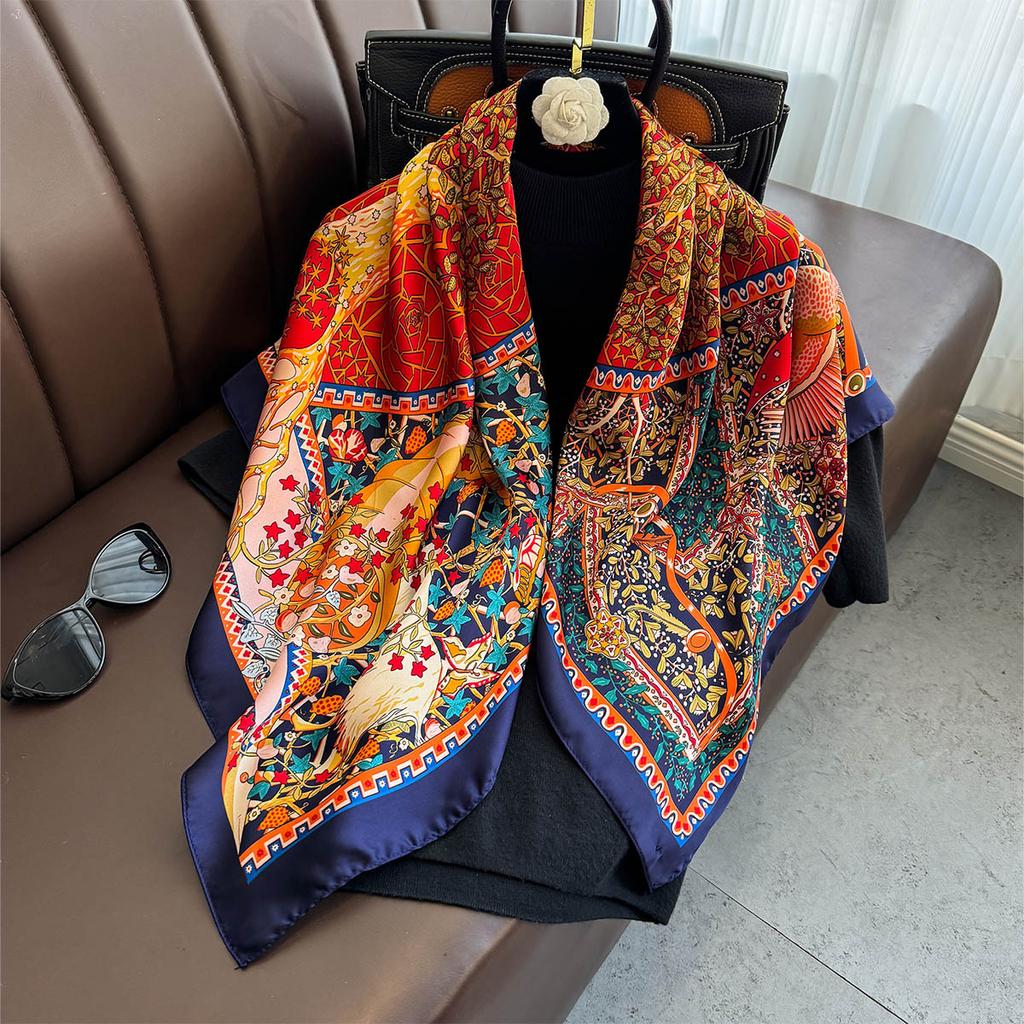 90×90Cm  Satin Shawl Design Flowers Silk Square Women Neck Scarves Wrap Headkerchief Beach Hair Band Women'S Bandana
