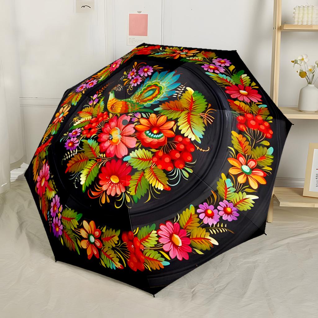 Red Rose Wreath Design Compact Travel Automatic Umbrella Folding Umbrella with 8 Ribs Lightweight All-Season Use Elegant Women's Umbrella