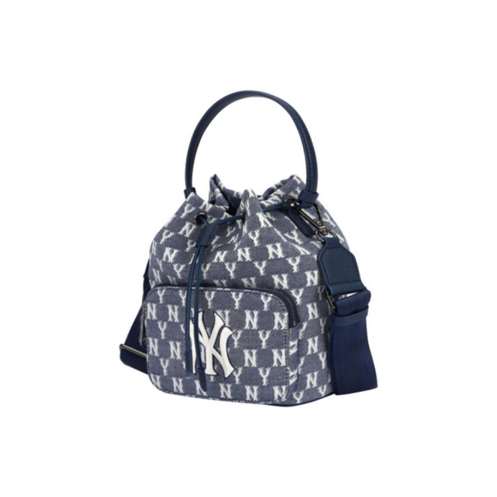 MLB Monogram Series NY Yankees Retro Floral Print Drawstring Closure Bucket Bag Unisex Bags Denim-Blue 32BG34111-50N