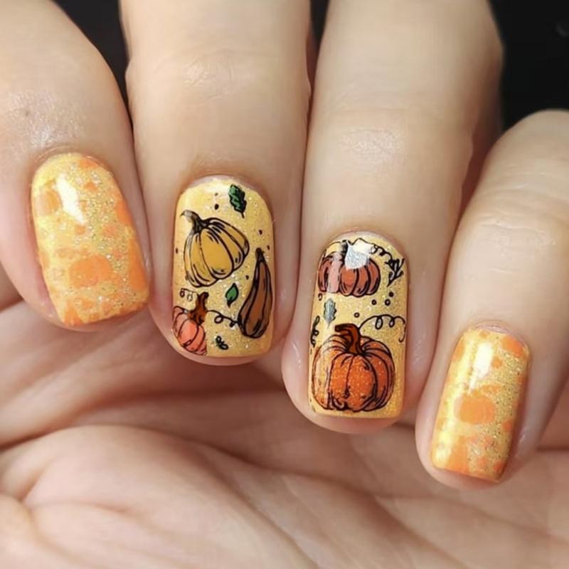 

24 Pcs Short Square Press On Nails Thanksgiving Nails Pumpkins False Nails Fall Full Cover Stick on Nails for Women 1