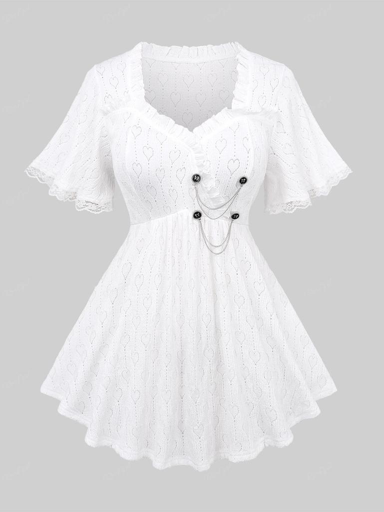 Rosegal Plus Size Valentine's Day Pointelle Hollow Out Heart Lace Trim Ruffles Bowknot Buttons Chains Panel Top