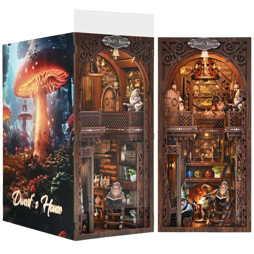 Buchstützen-Set - DIY 3D Holzpuzzle Miniatur Puppenhaus Bücherregal mit Buchstützen und berührungsaktivierten LED-Leuchten "Fröhliches Zwergenhaus"