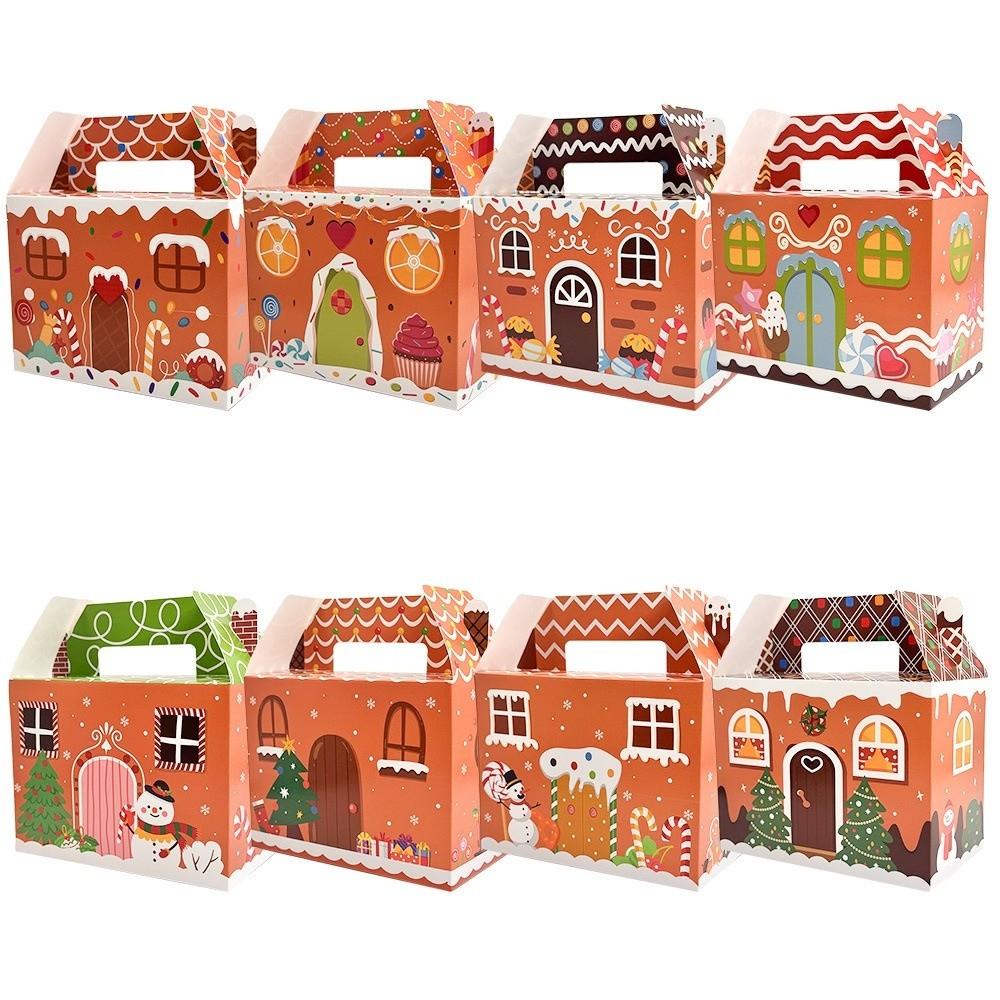 12PCS With Handle Christmas Gift Box Cartoon Design Gingerbread House Christmas Cookie Box Candy Cookies Packaging Box
