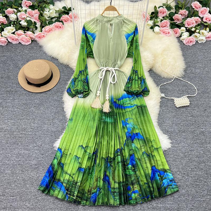 

YYFS Женская мода весна осень цветочный узор принт длинный рукав О-образный вырез высокая талия повседневные платья One size