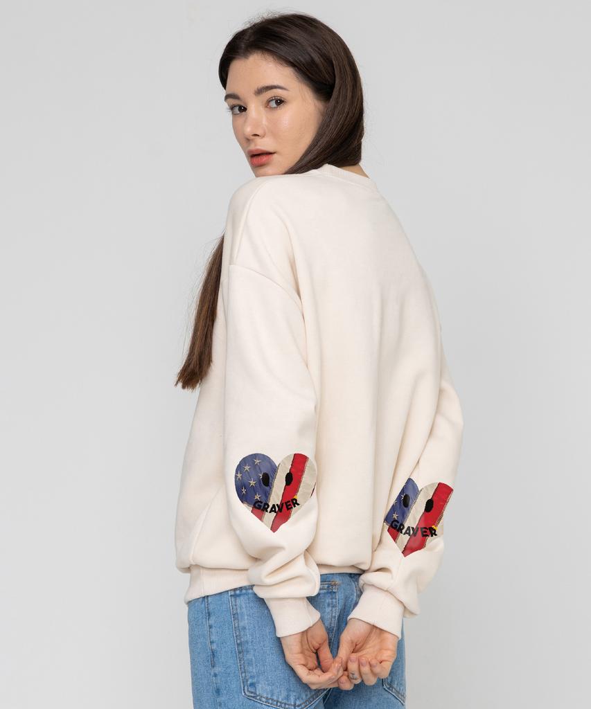 GRAVER [Unisex] Elbow American Flag Smile Heart Sweatshirt_Cream