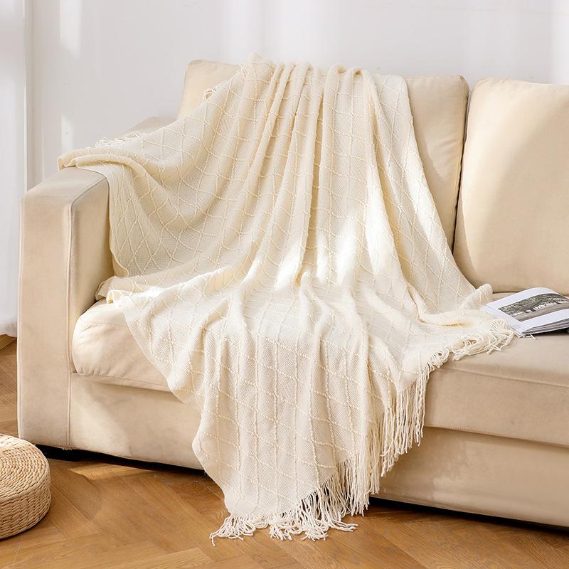 Soft and Comfortable Solid Color Throw Blanket Knitted Sofa Blanket Car Rhombus Air Conditioning Blanket Tassel Nap Wool Blanket