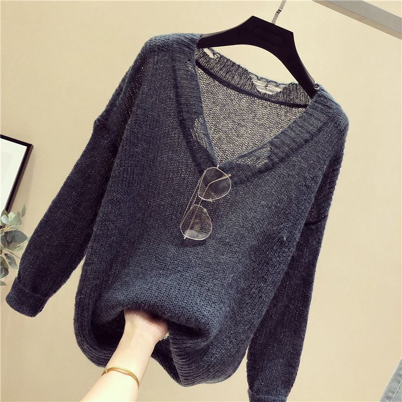 Spring Women's Sweater Long Sleeve Loose Knit Women's Thin Slouchy Sweater Hollow Top
