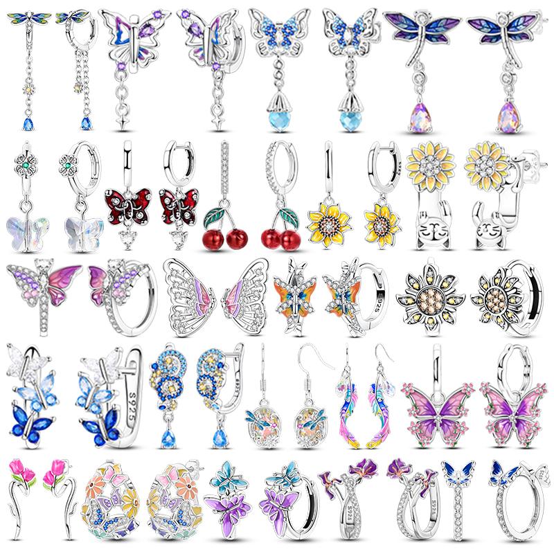 925 Sterling Copper Hoops Cycle Purple Flowers Shining Cubic Zircon Piercing Studs Earrings Fine Engagement Zircon Women Gifts