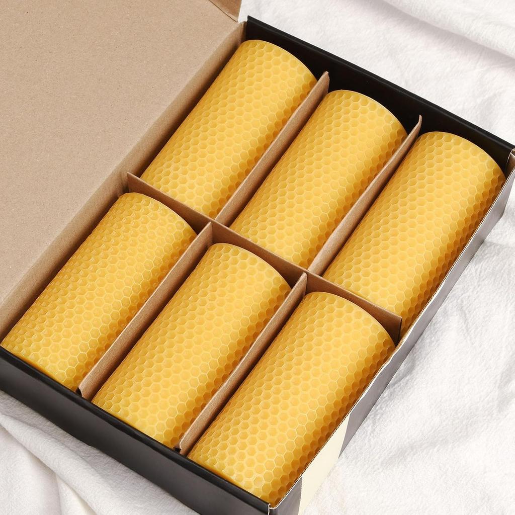 Pure Natural Beeswax Pillar Candles Bulk - Pack of 6 - Honeycomb Surface, No Scent- for Emergency/Prayer/Relax (2inch Diameter, 4 Inch Tall - Yellow)
