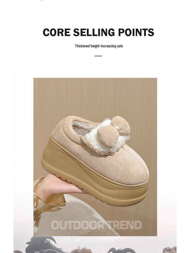 Women's Plush Warm Indoor Non-Slip Snow Boots with Bow and Thick Sole