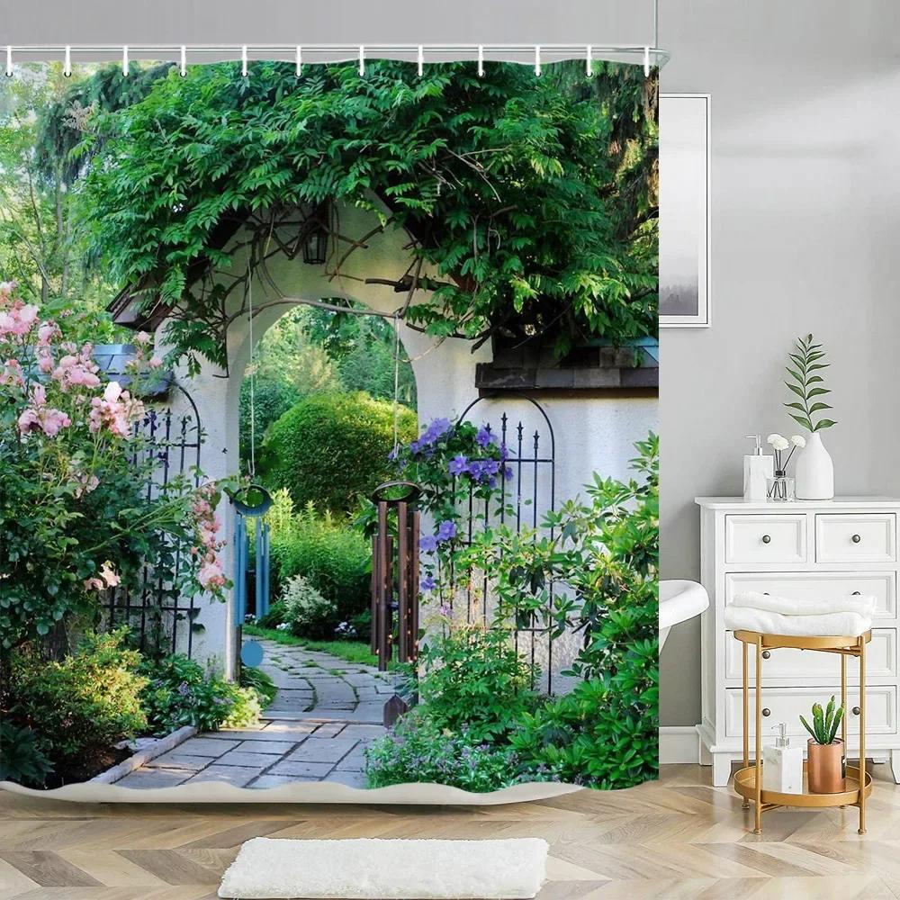Greek Town Street View Shower Curtain Blue Wooden Doors Windows Flower Plant Wall Decor Bathroom Hanging Curtains Set With Hooks