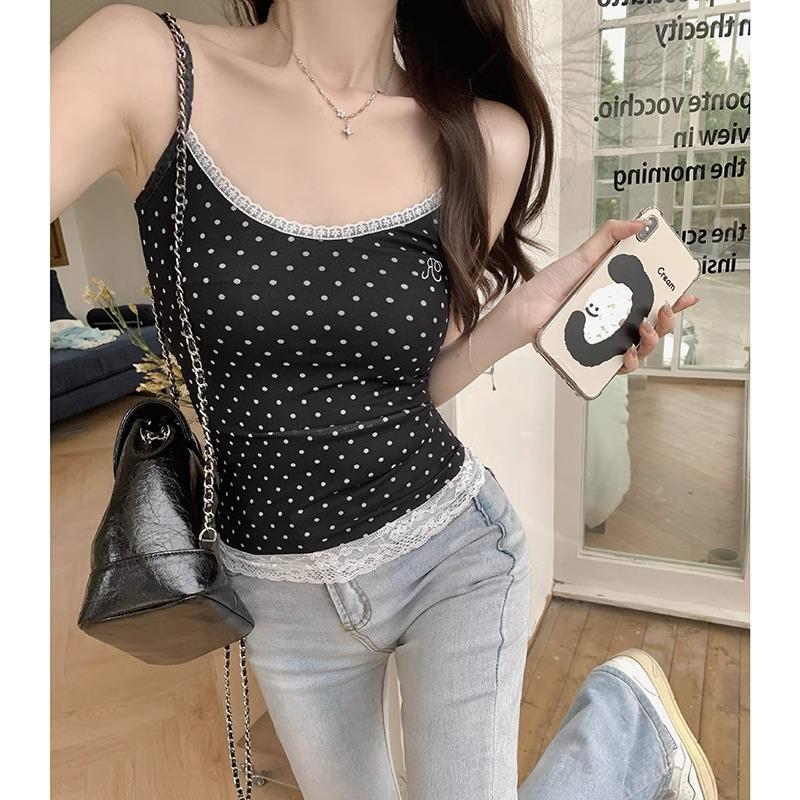 Pure desire white polka dot printed camisole female summer sweet hottie inner wear lace splicing embroidered short top